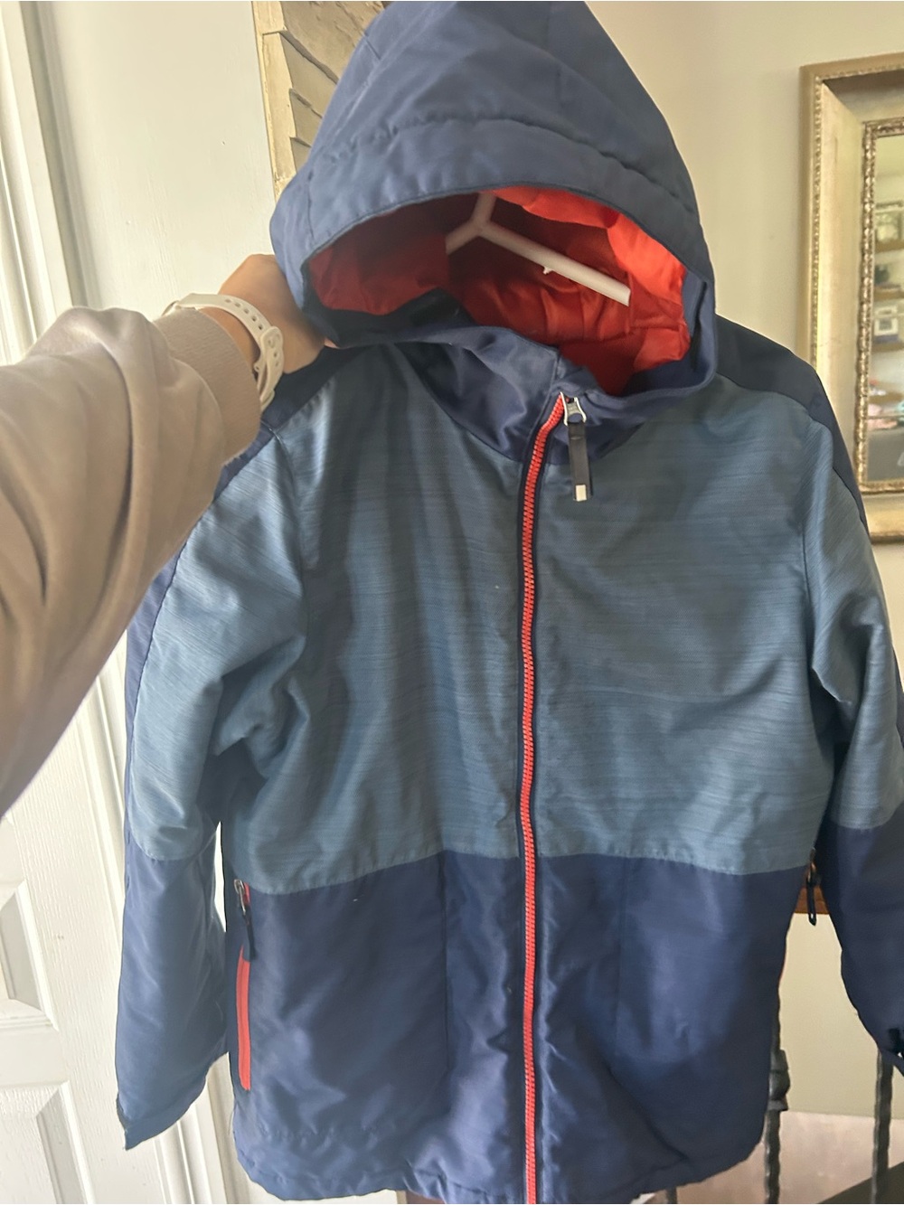 Kids Navy and Blue Hooded Winter Jacket with orange Accents